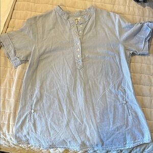 Dress Barn Blue Button Down Shirt Short Sleeve Mandarin Collar